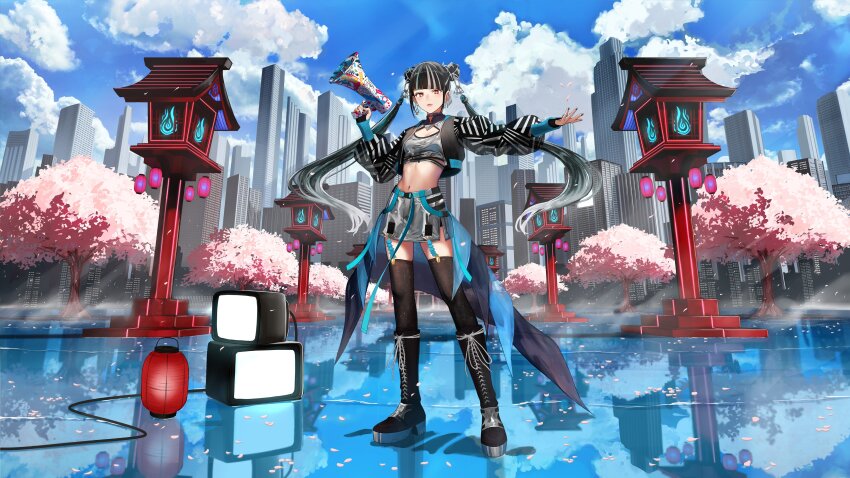 1girl absurdres belt bike_shorts_under_skirt black_boots black_hair black_nails black_thighhighs blue_belt blue_sky blue_sleeve_cuffs blue_streaks blunt_bangs boots breasts brown_eyes building cherry_blossoms choker cityscape cleavage_cutout clothing_cutout cloud cloudy_sky commentary_request cropped_jacket cropped_shirt crt detached_hair double_bun ear_piercing earrings falling_petals full_body gauntlets grey_shirt grey_skirt hair_bun hair_ornament harusaruhi highres holding holding_megaphone isshiki_(ffmania7) jacket jewelry kamitsubaki_studio knee_boots lace-up_boots lantern lips long_hair long_sleeves looking_at_viewer mandarin_collar megaphone midriff miniskirt multicolored_hair navel open_clothes open_jacket outstretched_arm paper_lantern petals piercing platform_boots platform_footwear reflective_floor second-party_source shirt showgirl_skirt side_slit sidelocks skirt sky skyscraper sleeve_cuffs small_breasts solo standing streaked_hair striped_clothes striped_jacket thighhighs torii twintails virtual_youtuber white_streaks wide_shot wooden_lantern