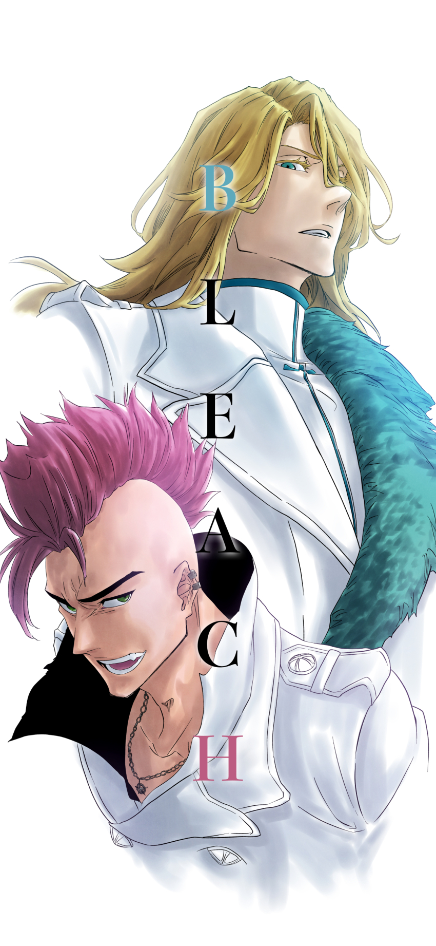 2boys absurdres bazz-b bleach bleach:_sennen_kessen-hen blonde_hair colored_eyelashes commentary copyright_name cropped_torso ear_piercing fang frown green_eyes hair_between_eyes highres jacket jewelry jugram_haschwalth long_hair looking_at_viewer looking_down male_focus military_uniform mitarashi_(5333069) mohawk multiple_boys necklace nose open_mouth piercing pink_hair short_hair simple_background smile teeth thick_eyebrows upper_body upturned_eyes v-shaped_eyebrows white_background white_jacket