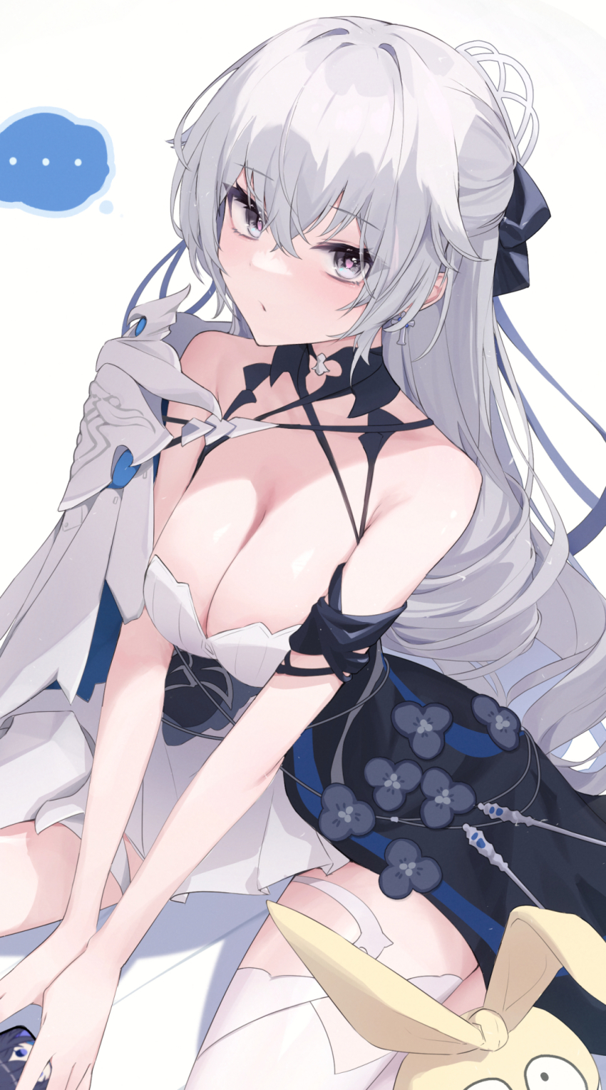 ... 1girl bare_shoulders breasts bronya_zaychik bronya_zaychik_(silverwing:_n-ex) cleavage feet_out_of_frame grey_eyes grey_hair hair_between_eyes highres homu_(honkai_impact) honkai_(series) honkai_impact_3rd large_breasts long_hair looking_at_viewer ru_yan simple_background single_thighhigh sitting sleeveless thighhighs white_background