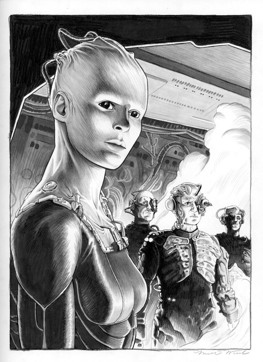1girl 3boys artist_name border borg borg_queen breasts cleavage colored_skin commentary cyborg english_commentary graphite_(medium) grey_skin greyscale highres joints looking_at_viewer malachiward mechanical_arms mechanical_hands mechabare monochrome multiple_boys robot_joints science_fiction single_mechanical_arm sketch small_breasts smoke star_trek star_trek:_the_next_generation subdermal_port traditional_media