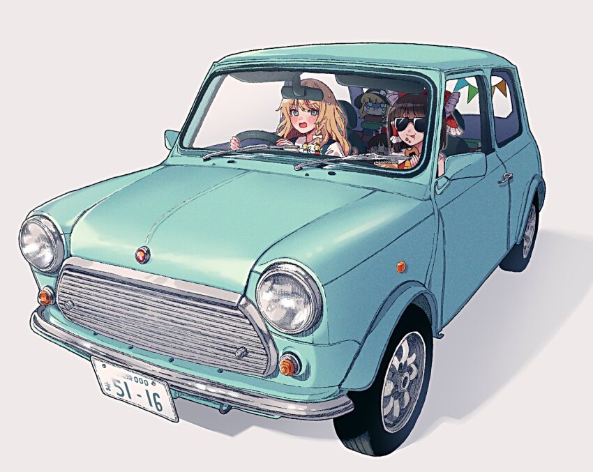 4girls ascot blonde_hair blue_car blush book bow braid brown_hair car crumbs crying driving eating frilled_hair_tubes frills hair_bow hair_tubes hakurei_reimu hat hourai_doll kirisame_marisa license_plate medium_hair mini_cooper motor_vehicle multiple_girls multiple_hair_bows open_mouth pout shanghai_doll short_hair single_braid sunglasses sweatdrop touhou touya_(konpekitou) witch_hat yellow_ascot yukkuri_shiteitte_ne