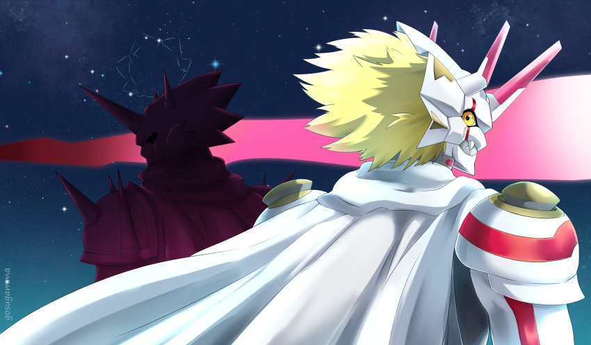 blonde_hair digimon digimon_(creature) digimon_ghost_game gammamon highres horns looking_at_viewer regulusmon siriusmon sky star_(sky) starry_sky