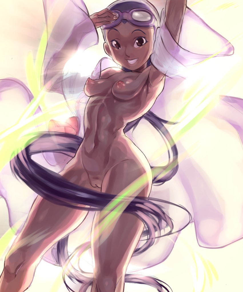 1girl absurdres armpits arms_up breasts cleft_of_venus fat_mons feet_out_of_frame female_focus gloss_(hotglossed) goggles hay_lin highres looking_at_viewer navel nipples nude purple_hair pussy robe shiny_skin simple_background small_breasts smile solo twintails uncensored w.i.t.c.h. wind