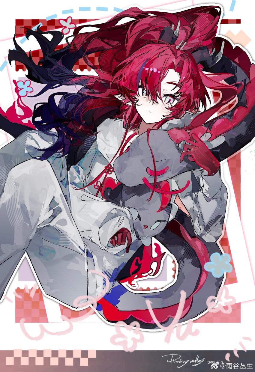 1boy absurdres alternate_costume androgynous arknights artist_name buqiyong character_name closed_mouth colored_skin dated dragon_boy dragon_bubble_(arknights) dragon_tail grey_eyes grey_jacket hair_over_one_eye highres jacket looking_at_viewer male_focus miniso pants parted_bangs pointy_ears sitting solo tail yu_(arknights)