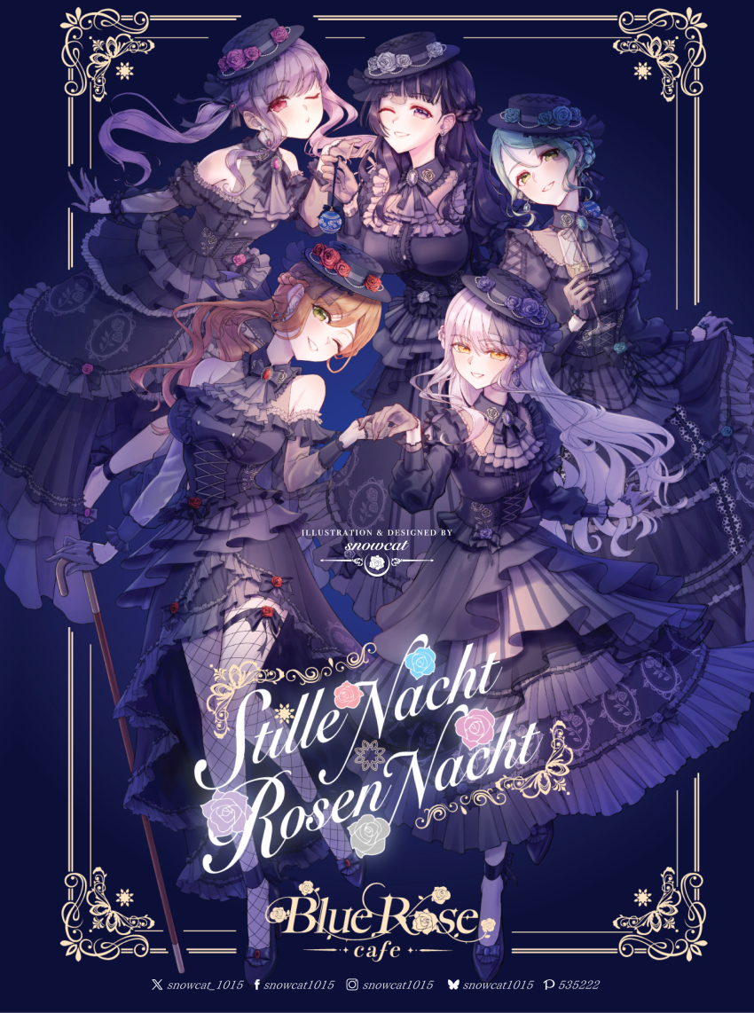 5girls absurdres aqua_brooch aqua_flower aqua_hair aqua_rose bang_dream! black_bow black_brooch black_corset black_dress black_hair black_hat black_wrist_cuffs blue_background blue_brooch blush bow braid breasts brown_hair champagne_flute clothing_cutout commentary corset cup dress drinking_glass earrings flower frilled_dress frills german_commentary gloves green_eyes green_hair grey_gloves grey_hair hair_bow hair_ribbon half_gloves half_up_braid hat hat_flower highres hikawa_sayo holding holding_cup holding_hands imai_lisa jewelry juliet_sleeves large_breasts long_hair long_sleeves low_ponytail medium_breasts minato_yukina multiple_girls one_eye_closed ponytail puffy_sleeves purple_brooch purple_eyes purple_flower purple_hair purple_rose red_brooch red_flower red_rose ribbon rose roselia_(bang_dream!) see-through_clothes see-through_sleeves shirokane_rinko short_hair short_sleeves shoulder_cutout skirt_hold small_breasts twintails twitter_username udagawa_ako white_flower white_rose wrist_cuffs yellow_eyes yue_mao_(yukinihime)