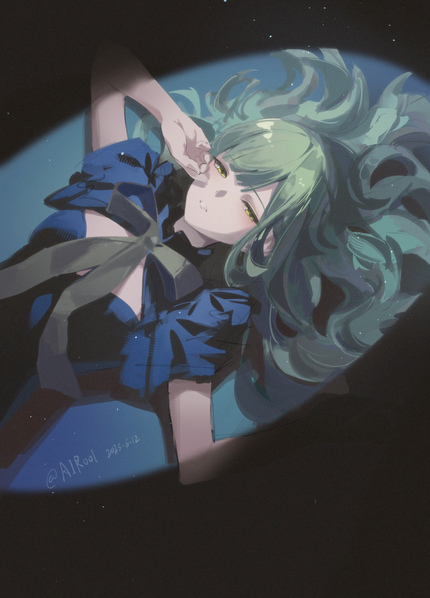 1girl airool bang_dream! bang_dream!_it&#039;s_mygo!!!!! blue_background blue_shirt bow bowtie chinese_commentary cleavage_cutout clothing_cutout collared_shirt commentary_request dated from_above green_hair grey_bow grey_bowtie hair_spread_out half-closed_eyes hand_on_own_face hands_up highres long_hair looking_at_viewer lying on_back on_floor parted_lips partial_commentary shirt short_sleeves solo spotlight upper_body wakaba_mutsumi weibo_username yellow_eyes