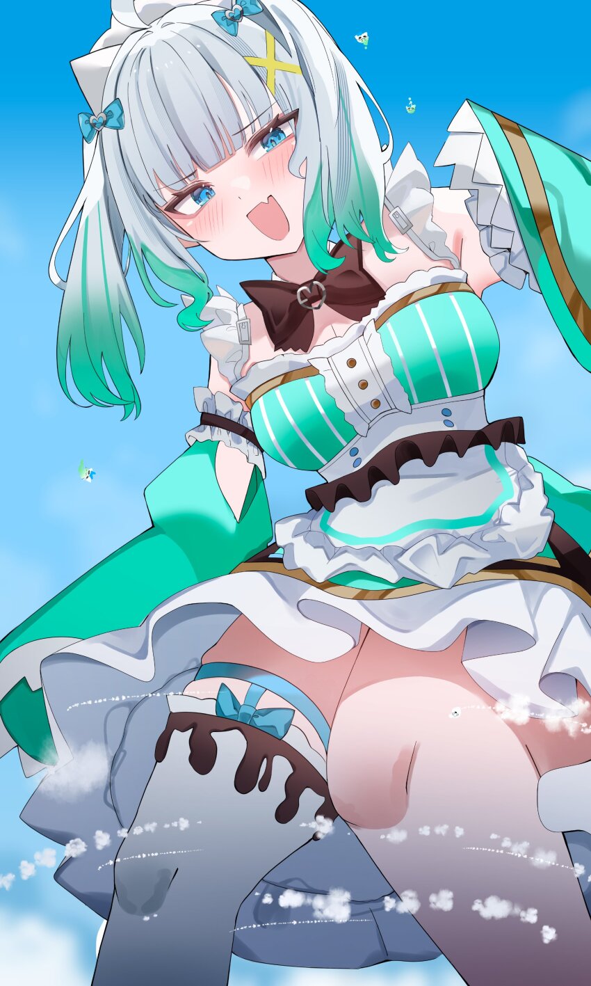 1girl :d absurdres ahoge apron blue_bow blue_eyes blue_sky blush bow breasts brown_bow cloud commentary detached_sleeves dress english_commentary fang forever_moru frilled_apron frills giant giantess gradient_hair green_dress green_hair green_sleeves hair_bow hair_ornament highres indie_virtual_youtuber looking_at_viewer mint_fantome multicolored_hair open_mouth single_thighhigh sky smile solo striped_clothes striped_dress thighhighs triangle_hair_ornament two_side_up waist_apron white_apron white_hair white_thighhighs wisps_(mint_fantome) x_hair_ornament