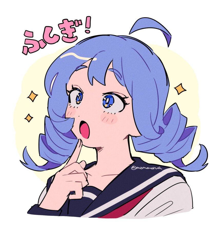 1girl :o ahoge alternate_costume alternate_hairstyle blue_eyes blue_hair blue_sailor_collar boku_no_hero_academia detached_ahoge drill_hair hado_nejire highres light_blush mommorua neckerchief open_mouth red_neckerchief sailor_collar school_uniform serafuku solo twin_drills