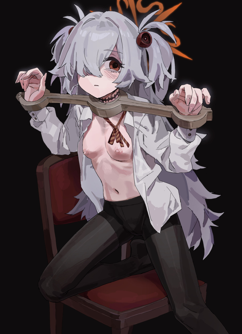 1girl a_tea absurdres bdsm black_background black_pantyhose blue_archive blush bondage bound bound_wrists bow bowtie breasts brown_eyes chair collared_shirt commentary_request female_focus grey_hair hair_over_one_eye halo highres kanoe_(blue_archive) long_hair looking_to_the_side navel nipples no_bra on_chair open_clothes pantyhose pillory red_bow red_bowtie restrained shirt simple_background small_breasts solo steel_stocks stocks stomach twintails unbuttoned unbuttoned_shirt very_long_hair white_shirt