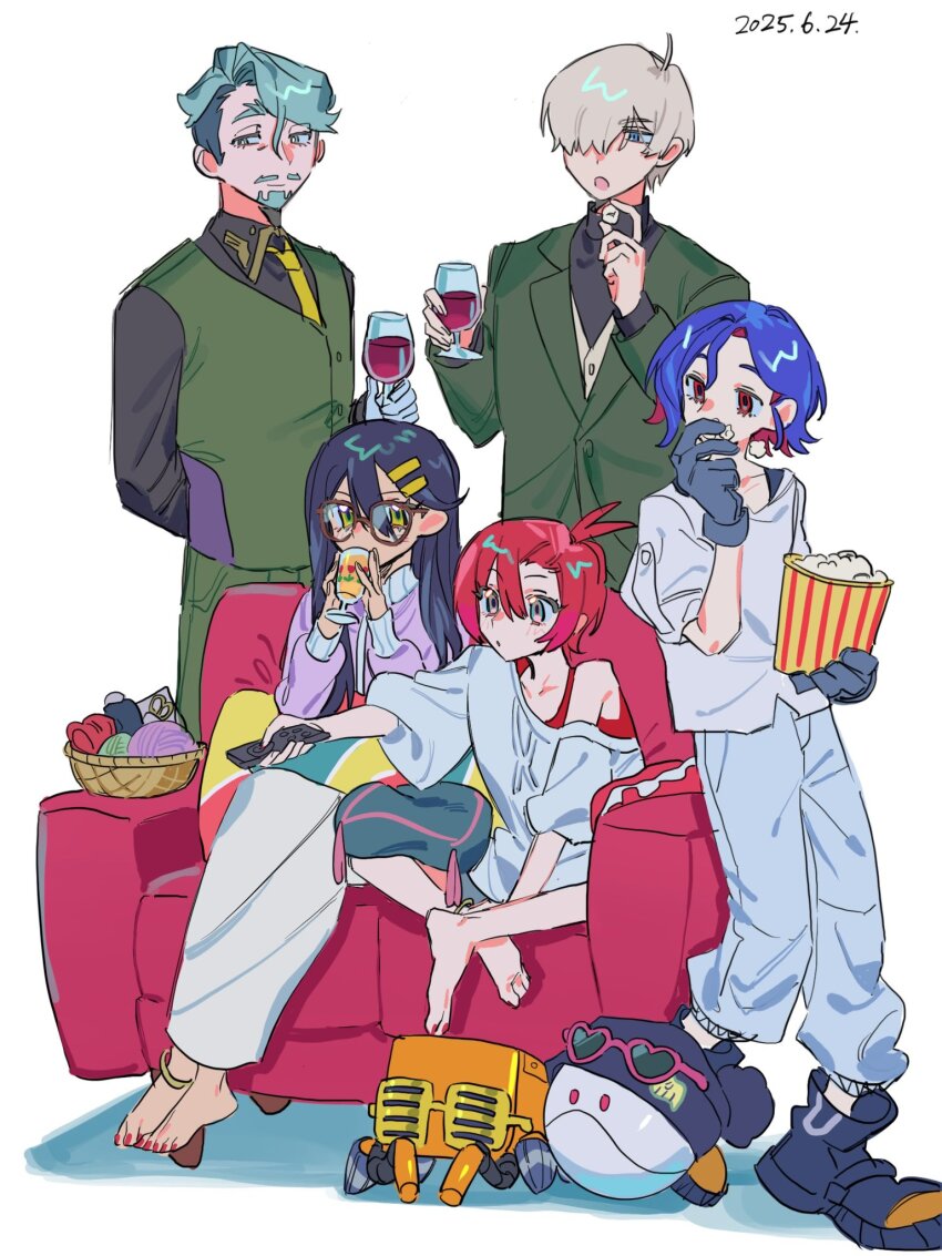 2girls 3boys amate_yuzuriha aqua_eyes beard black_hair black_shirt blonde_hair blue_eyes blue_hair challia_bull colored_inner_hair conch_(gundam) couch cup drinking drinking_glass eating facial_hair food full_body glasses gloves green_eyes green_hair green_jacket gundam gundam_gquuuuuux hair_ornament hair_over_one_eye hairclip haro highres holding holding_cup holding_food jacket long_hair long_sleeves m_manjyu military_uniform multicolored_hair multiple_boys multiple_girls mustache non-humanoid_robot nyaan_(gundam_gquuuuuux) on_couch one_side_up pants popcorn red_eyes red_hair robot shirouzu_(gundam) shirt short_hair shuji_ito sitting skirt standing turtleneck two-tone_hair wine_glass yellow_eyes