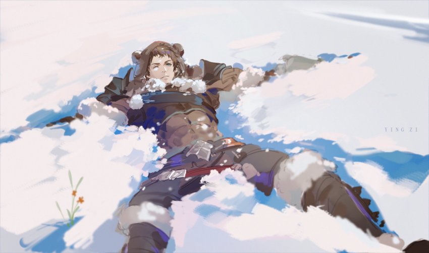 1boy alternate_costume animal_hood ardbert_hylfyst armor artist_name bear_hood belt belt_buckle blue_eyes boots breastplate brown_boots brown_hair brown_pants buckle chest_belt chinese_commentary commentary_request covered_abs facial_hair feet_out_of_frame final_fantasy final_fantasy_xiv flower from_above fur-trimmed_boots fur_trim highres hood hood_up hyur legs_apart looking_up lying male_focus on_back on_ground one_eye_closed outdoors outstretched_arms pants parted_lips pauldrons short_hair shoulder_armor smile snow snow_angel solo spread_arms stubble toned toned_male winter winter_clothes yingzi