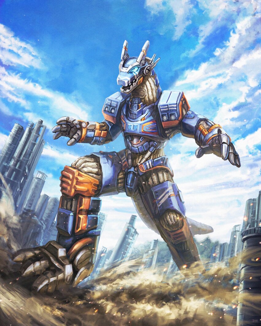 blue_eyes blue_sky cityscape contrapposto earth_garon highres mecha mecha_focus mechanical_arms no_humans open_hands open_mouth outstretched_arms robot robuja sky spread_arms stomping tail ultra_series ultraman_blazar_(series)