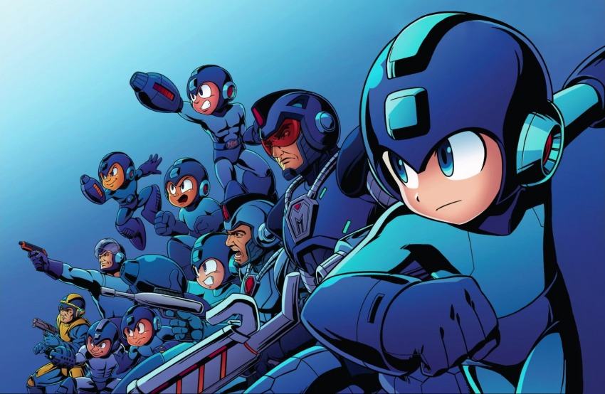 6+boys abs aiming android arm_cannon armor belt belt_buckle blue_background blue_bodysuit blue_eyes blue_theme bodysuit buckle capcom clenched_hand clenched_hands clenched_teeth closed_mouth energy_gun fighting_stance from_side gradient_background gun handgun helmet highres holding holding_gun holding_weapon jumping legs_apart looking_away male_focus mega_man_(character) mega_man_(classic) mega_man_(series) mega_man_1 mega_man_10 mega_man_11 mega_man_2 mega_man_3 mega_man_4 mega_man_5 mega_man_6 mega_man_7 mega_man_8 mega_man_9 multiple_boys multiple_persona official_art open_mouth outstretched_arm ray_gun serious smile smirk squatting standing teeth thick_eyebrows v-shaped_eyebrows visor weapon