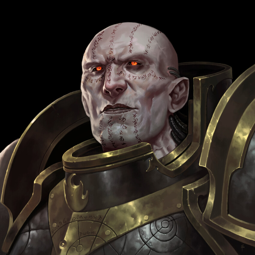 absurdres adrian4rt armor bald black_background black_sclera colored_sclera glowing glowing_eyes gold_armor grey_armor highres imperium_of_man lorgar_aurelian male_focus pale_skin power_armor primarch red_eyes semi_realisim simple_background smile tattoo warhammer_40k word_bearers