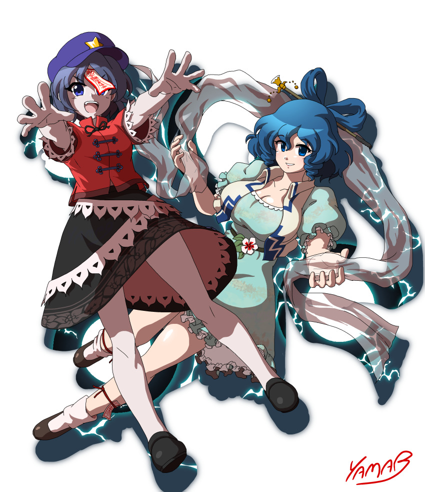 2girls absurdres black_ribbon black_shoes black_skirt blue_dress blue_eyes blue_hair breasts cabbie_hat chinese_clothes cleavage collared_vest commentary_request dress drill_hair drill_sidelocks floral_print flower full_body grin hagoromo hair_ornament hair_rings hair_stick hat hat_ornament highres jiangshi kaku_seiga lace-trimmed_sleeves lace_trim large_breasts looking_at_viewer medium_breasts miyako_yoshika multiple_girls neck_ribbon ofuda open_clothes open_mouth open_vest outstretched_arms print_skirt puffy_short_sleeves puffy_sleeves purple_hat red_shirt ribbon shawl shirt shoes short_hair short_sleeves sidelocks signature simple_background skirt smile socks star_(symbol) star_hat_ornament tangzhuang touhou v-shaped_eyebrows vest white_background white_flower white_socks white_vest yama_b zombie_pose