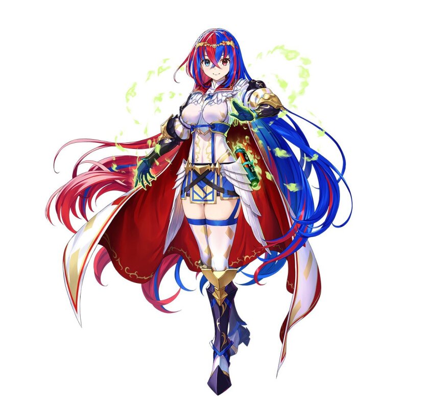 1girl armor blue_eyes blue_hair braid breasts crossed_bangs crown_braid female_alear_(awoken_divinity)_(fire_emblem) female_alear_(fire_emblem) fire_emblem fire_emblem_engage fire_emblem_heroes full_body gloves heterochromia jewelry kousei_horiguchi long_hair looking_at_viewer medium_breasts multicolored_hair nintendo official_art red_eyes smile solo split-color_hair tiara two-tone_hair very_long_hair