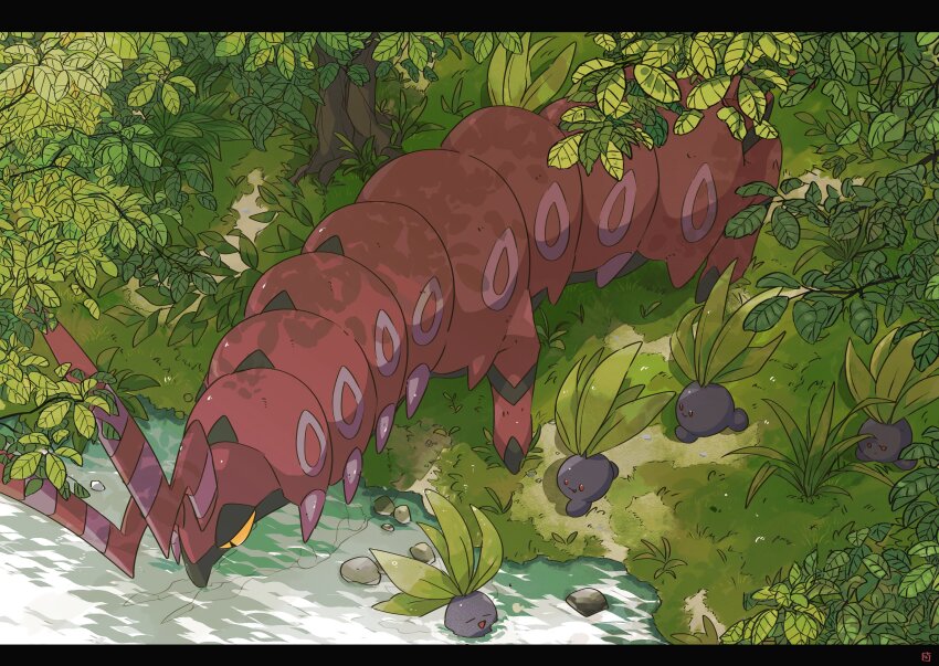 45_(maruyaki45) absurdres closed_eyes colored_sclera commentary day drinking forest game_freak gen_1_pokemon gen_5_pokemon grass highres leaf letterboxed nature nintendo no_humans oddish outdoors pokemon pokemon_(creature) river scolipede symbol-only_commentary tree water yellow_sclera