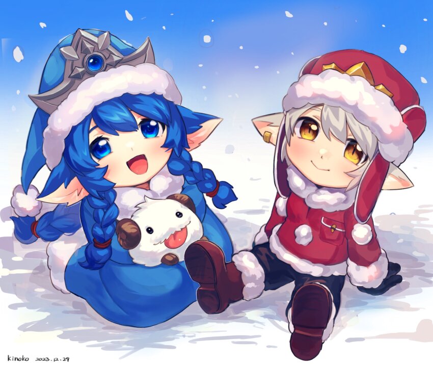 2girls :d artist_name black_pants blue_dress blue_eyes blue_headwear boots braid braided_ponytail dated dress earnest_elf_tristana earrings fur-trimmed_boots fur-trimmed_headwear fur-trimmed_jacket fur_trim green_hair hat highres jacket jewelry kinoko_doka-gui_kizetsu-bu league_of_legends long_sleeves lulu_(league_of_legends) multiple_girls open_mouth orange_eyes pants pointy_ears poro_(league_of_legends) santa_costume santa_hat short_hair side_braids sitting smile snow tristana tristana_(league_of_legends) winter_wonder_lulu