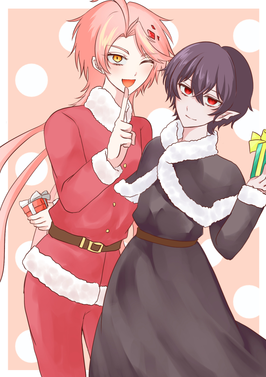 2boys apollo_(shuumatsu_no_valkyrie) arms_behind_back beelzebub_(shuumatsu_no_valkyrie) belt black_capelet black_dress brown_belt capelet christmas closed_mouth coat diamond_(shape) diamond_hair_ornament dress eye_piercing finger_to_mouth fur-trimmed_capelet fur-trimmed_coat fur-trimmed_sleeves fur_trim gem gift gold_buckle hair_between_eyes hand_up happy highres holding holding_gift holding_present jewelry long_hair long_sleeves looking_at_another looking_at_viewer male_focus multiple_boys one_eye_closed open_mouth pants pink_hair polka_dot polka_dot_background red_coat red_eyes red_gemstone red_pants santa_costume santa_dress shuumatsu_no_valkyrie smile standing trap wink yellow_eyes