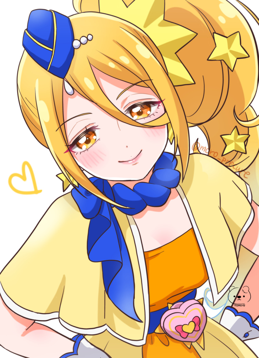 1girl artist_logo artist_name blonde_hair blue_hat blue_sash blue_scarf blush capelet closed_mouth cure_etoile dress earrings flight_attendant_hat gloves hat highres hugtto!_precure jewelry kagayaki_homare logo long_hair magical_girl moro_precure orange_dress precure sash scarf side_ponytail smile solo star_(symbol) star_earrings strapless strapless_dress twitter_username white_gloves yellow_capelet yellow_eyes
