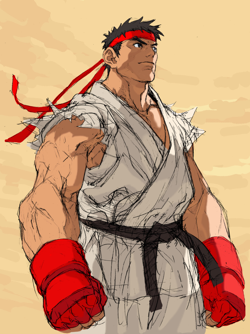 1boy black_hair dougi fingerless_gloves forked_eyebrows from_below game_cg gloves headband highres light_smile male_focus martial_arts_belt mma_gloves muscular muscular_male nishimura_kinu non-web_source official_art red_gloves red_headband ryu_(street_fighter) short_hair sleeveless solo street_fighter street_fighter_iii_(series) torn_clothes torn_sleeves upturned_eyes