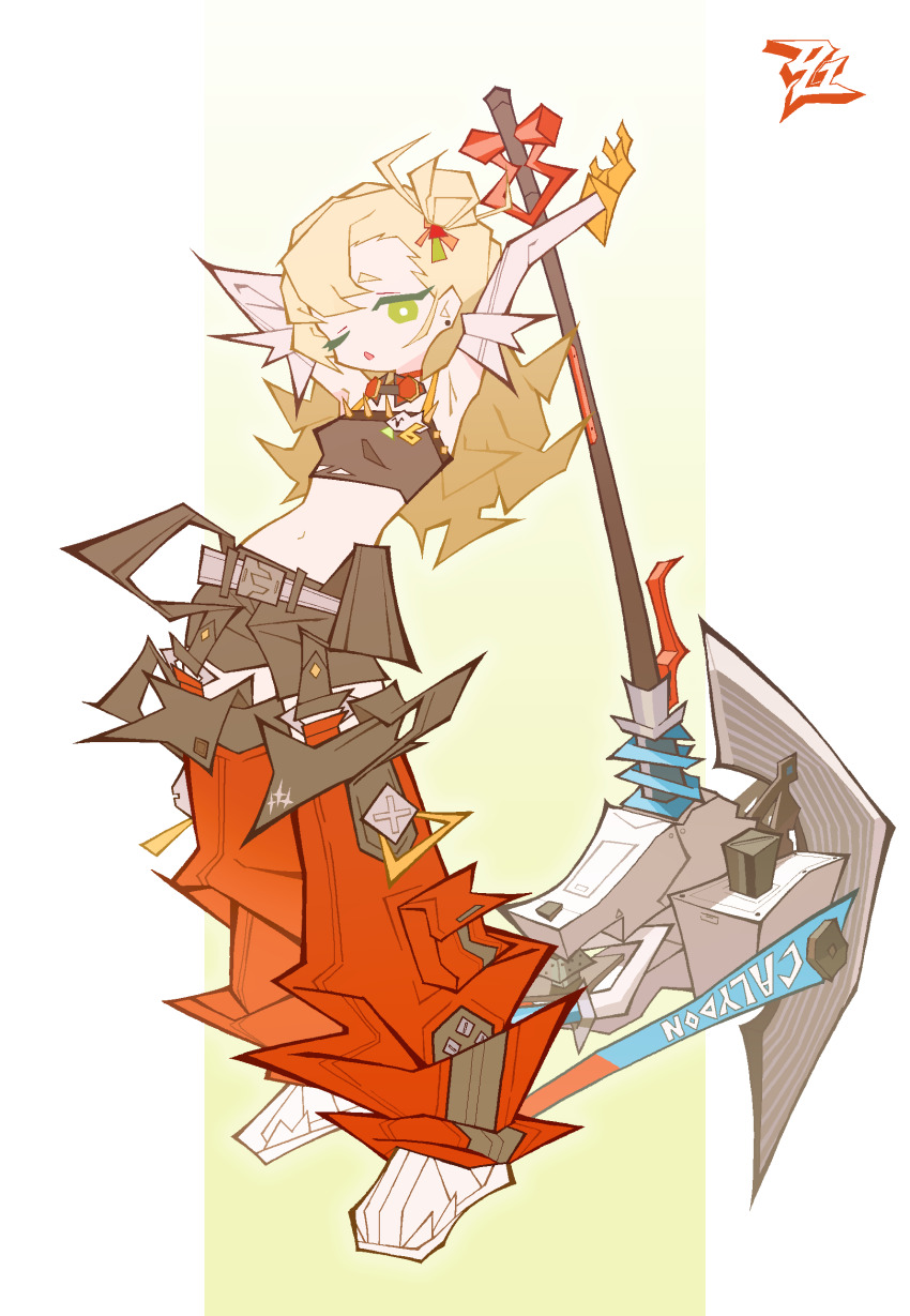 1girl absurdres arms_up axe battle_axe black_shorts blonde_hair breasts cocokana crop_top detached_pants detached_sleeves full_body gloves green_eyes hair_bun highres logo long_hair looking_at_viewer navel one_eye_closed open_mouth piper_wheel shorts simple_background small_breasts solo weapon yellow_gloves zenless_zone_zero