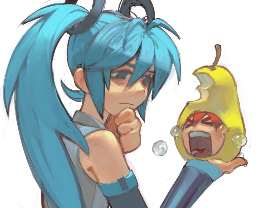 blue_eyes blue_hair crying detached_sleeves food fruit hatsune_miku highres kasane_teto long_hair open_mouth painterly pear pearto rainbowdeww shirt sleeveless sleeveless_shirt teeth twintails utau vocaloid white_background