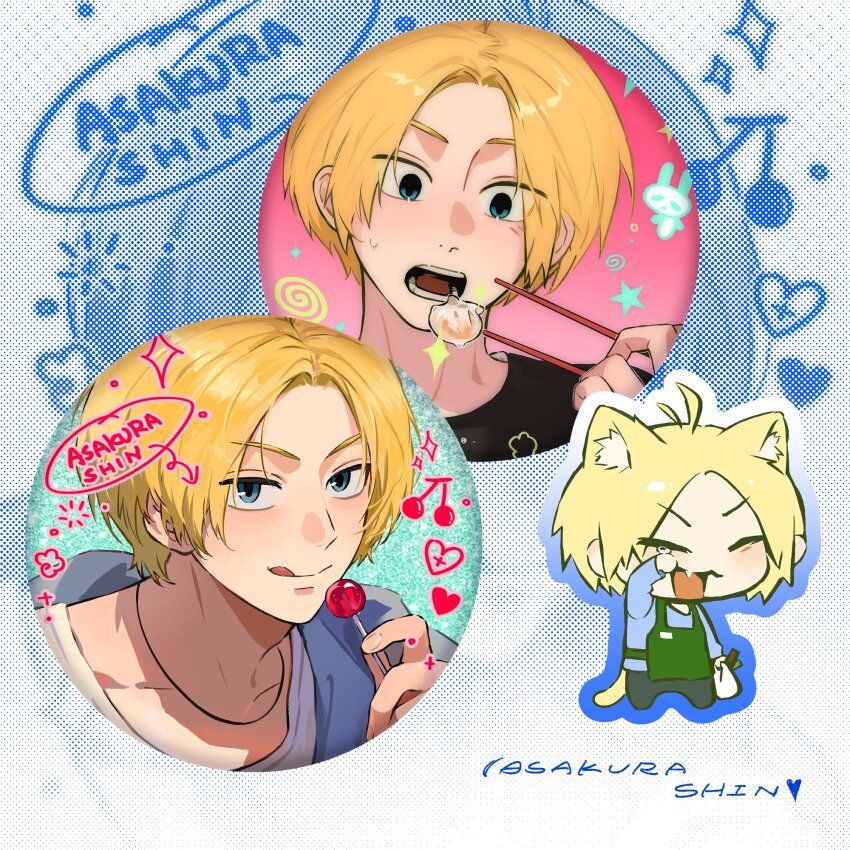 1boy 5a1_uei :q animal_ears antenna_hair apron black_pants black_shirt blonde_hair blue_background blue_eyes blue_jacket blue_shirt blush candy cat_ears cat_tail character_name chibi chopsticks dotted_background fang food green_apron highres holding holding_candy holding_chopsticks holding_food holding_lollipop jacket jewelry light_blush lollipop looking_at_food looking_at_viewer male_focus necklace open_mouth pants portrait sakamoto_days shin_(sakamoto_days) shirt short_hair skin_fang sparkle sweatdrop tail teardrop teeth tongue tongue_out white_shirt
