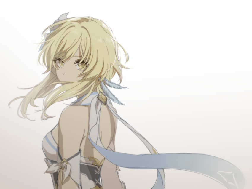 1girl blonde_hair breasts detached_sleeves dress flower genshin_impact gradient_background hair_flower hair_ornament head_tilt looking_at_viewer lumine_(genshin_impact) mapogeso medium_breasts short_hair_with_long_locks simple_background solo upper_body white_dress white_flower yellow_eyes