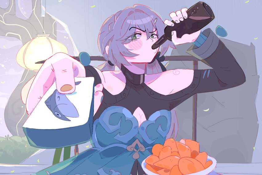 1girl backlighting blush_stickers bottle bowl chips_(food) clothing_cutout commentary dress drinking english_commentary fish food foreshortening glass_bottle green_dress green_eyes hair_ornament hairclip hand_up highres holding holding_bottle holding_mahjong_tile honkai:_star_rail honkai_(series) lantern long_hair mahjong mahjong_tile man_watching_tv_(meme) meme potato_chips qingque_(honkai:_star_rail) raised_eyebrow shoulder_cutout sitting solo twintails unfamousradish upper_body