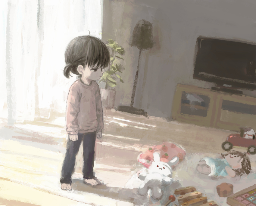 1girl absurdres arikomen barefoot black_hair black_pants brown_shirt closed_mouth curtains doll flat_screen_tv floor_lamp food_print fruit_print grey_eyes half-closed_eyes highres indoors instrument lamp long_sleeves original pants plant potted_plant shirt short_twintails solo standing strawberry_print stuffed_animal stuffed_rabbit stuffed_toy television toy twintails wooden_floor xylophone