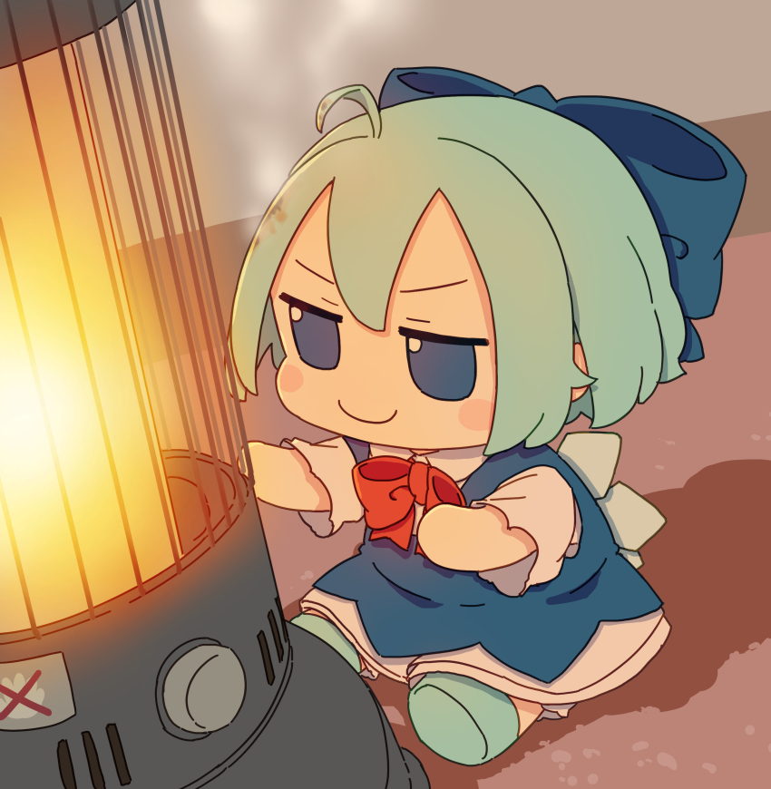 &gt;:) 1girl absurdres ahoge blue_bow blue_eyes blue_hair blue_shoes blush_stickers bow bowtie burning chibi chibi_only cirno closed_mouth collared_dress commentary dress dutch_angle full_body fumo_(doll) hair_between_eyes hair_bow heater highres indoors jitome kame_(kamepan44231) on_ground red_bow red_bowtie shadow shoes short_hair short_sleeves sitting smile smoke solo touhou v-shaped_eyebrows wings