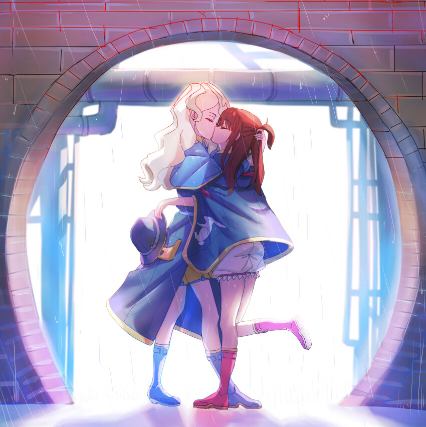 2girls absurdres arch blonde_hair bloomers boots brown_hair closed_eyes diana_cavendish hand_on_another&#039;s_head hat highres holding holding_unworn_clothes holding_unworn_hat industrial_pipe kagari_atsuko kiss leg_up little_witch_academia long_hair macartura08 moon_gate multiple_girls outdoors ponytail rain raincoat sunlight underwear unworn_hat unworn_headwear yuri