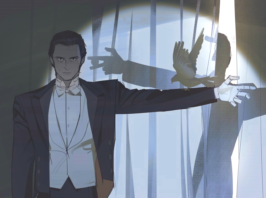 1boy absurdres animal_on_arm between_fingers bird bird_on_arm black_hair black_jacket black_pants buttons closed_mouth curtains dove formal_clothes highres holding jacket looking_at_viewer male_focus outstretched_arm pants rupert_angier short_hair solo solo_focus stage_curtains suit the_prestige tobu_(bilibil) upper_body