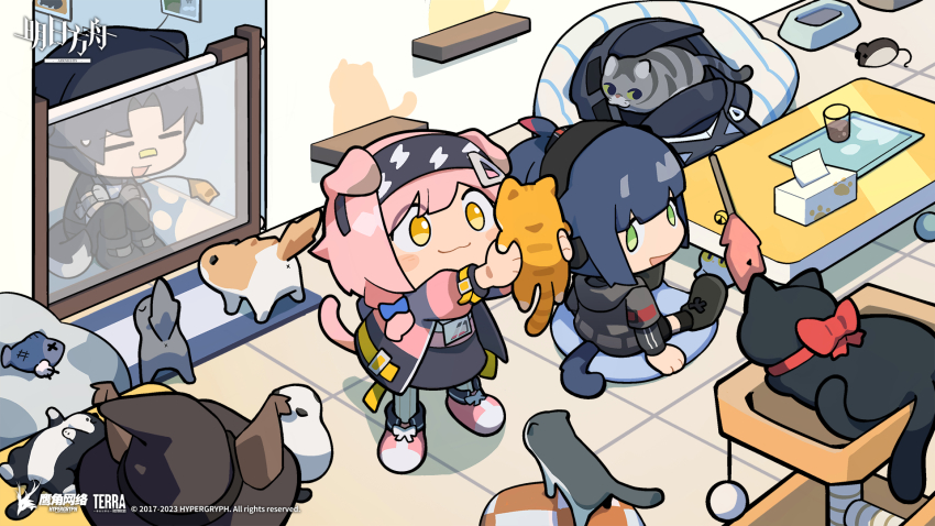 1boy 1other 3girls ambiguous_gender animal_ears arknights cat cat_ears cat_girl cat_tail chibi miss_christine_(arknights) closed_mouth cushion doctor_(arknights) goldenglow_(arknights) haze_(arknights) highres jessica_(arknights) multiple_girls official_art table tail tail_raised windflit_(arknights)