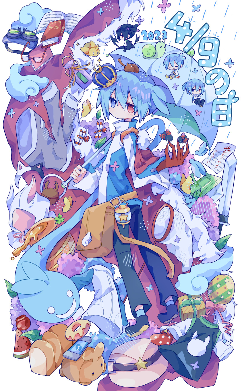 1boy 2023 absurdres blue_eyes blue_hair blue_umbrella book bug chibi crossed_arms crown date_pun futaba969649 heterochromia highres insect ladybug male_focus number_pun puyopuyo red_eyes semi-rimless_eyewear shoes sig_(puyopuyo) solo umbrella unworn_clothes