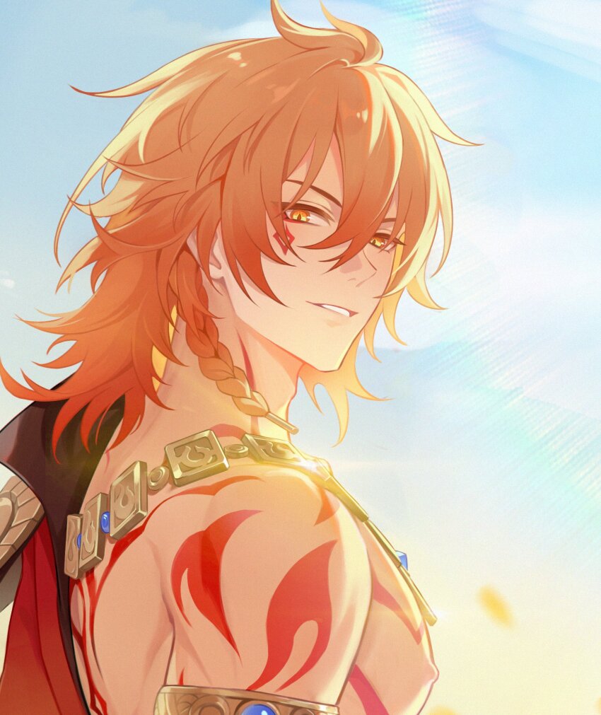 1boy armlet armor black_coat blonde_hair braid chest_tattoo chinese_commentary coat commentary_request earrings facial_tattoo gold_armlet gold_necklace gradient_hair hair_between_eyes highres honkai:_star_rail honkai_(series) jewelry looking_at_viewer looking_back male_focus medium_hair multicolored_hair mydei_(honkai:_star_rail) necklace open_clothes open_coat pauldrons red_hair shoulder_armor side_braid single_pauldron smile solo sunlight tattoo toned toned_male wheat_field yellow_eyes yexion123