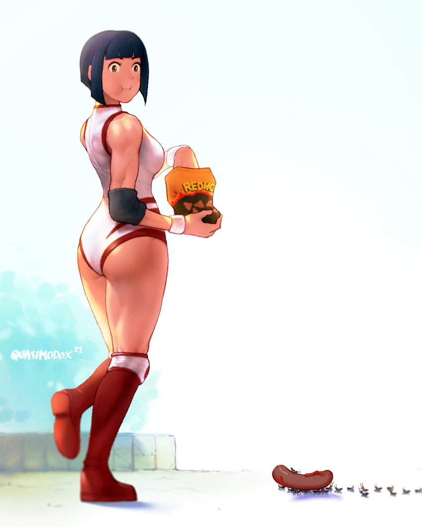 1girl :i absurdres alt_text ant artist_name ass black_hair blunt_bangs boots breasts bug capcom chips_(food) commentary eating elbow_pads english_commentary food full_body highres hot_dog insect leotard looking_down medium_breasts nadeshiko_(street_fighter) outdoors quasimodox red_boots short_hair standing street_fighter street_fighter_v street_fighter_zero_(series) white_leotard wrestling_outfit wrist_cuffs yamato_nadeshiko_(street_fighter)