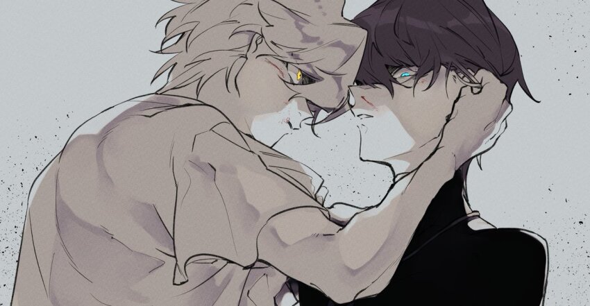2boys bad_id bad_twitter_id blue_eyes close-up commentary_request fish_(m8snknk) from_below greyscale jonouchi_katsuya kaiba_seto looking_at_another looking_at_viewer male_focus monochrome multiple_boys shirt short_hair simple_background sweater t-shirt turtleneck turtleneck_sweater upper_body yellow_eyes yu-gi-oh! yu-gi-oh!_duel_monsters