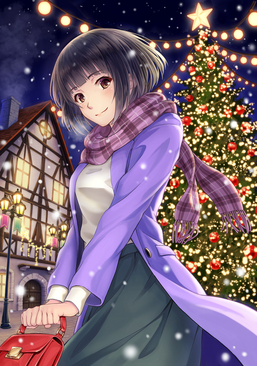 1girl bag black_hair blush brown_eyes building chimney christmas christmas_lights christmas_tree coat dark_sky female_focus grey_skirt handbag highres lamppost long_skirt looking_at_viewer macha0331 night night_sky original ornament plaid_clothes plaid_scarf purple_coat purple_scarf red_handbag scarf shirt short_hair skirt sky smile snowing solo standing star_(sky) white_shirt window