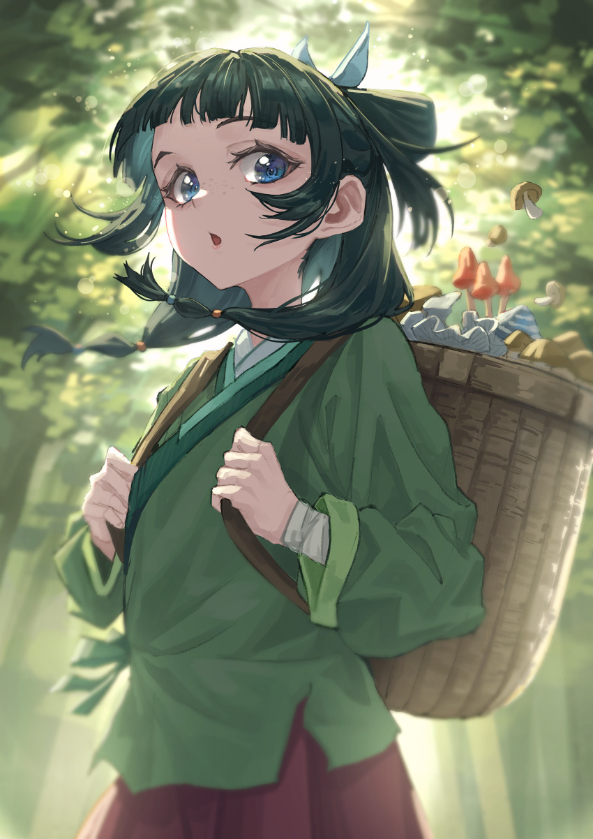 1girl absurdres backpack_basket bandaged_arm bandages blue_eyes chinese_clothes endroll00 flat_chest forest freckles green_hair green_hanfu hair_ribbon hanfu highres kusuriya_no_hitorigoto lips looking_at_viewer looking_down maomao_(kusuriya_no_hitorigoto) medium_hair mushroom nature open_mouth red_skirt ribbon skirt solo tree_shade white_ribbon