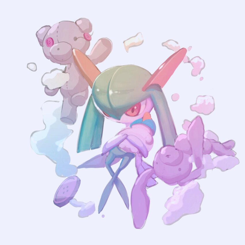 blue_background button_eyes buttons gen_3_pokemon green_hair highres holding holding_stuffed_toy horns kirlia mxlaghrsuk33yws nintendo pink_eyes pokemon pokemon_(creature) ralts sidelocks simple_background stuffed_animal stuffed_rabbit stuffed_toy stuffing teddy_bear