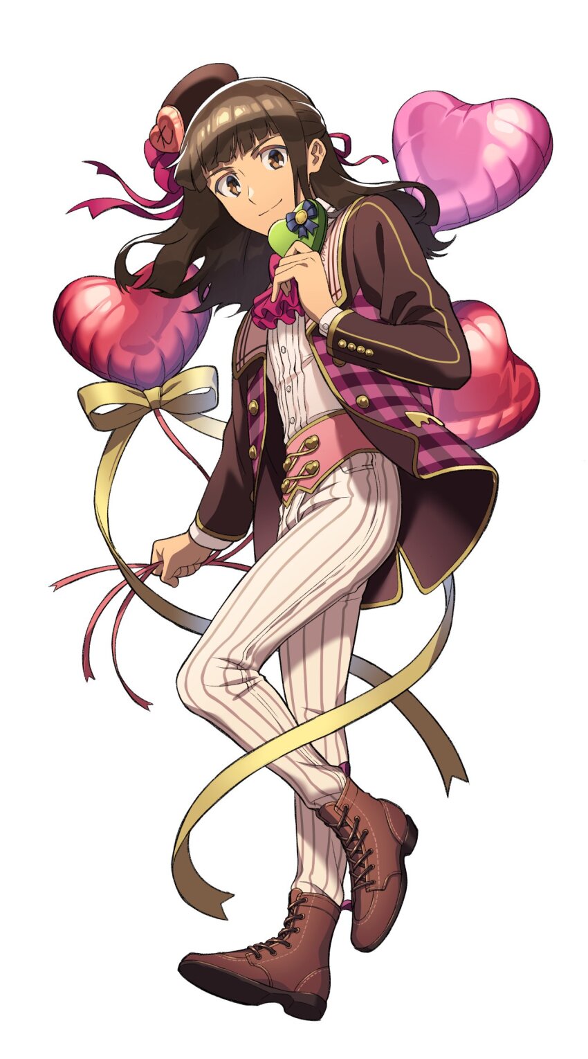 1boy balloon box brown_eyes brown_footwear brown_hair brown_hat checkered_clothes checkered_jacket closed_mouth dolustoy full_body hat heart-shaped_box heart_balloon highres inazuma_eleven_(series) inazuma_eleven_ares_no_tenbin jacket long_hair looking_at_viewer male_focus michinari_tatsumi pants ribbon shirt simple_background solo striped_clothes striped_pants striped_shirt white_background yellow_ribbon