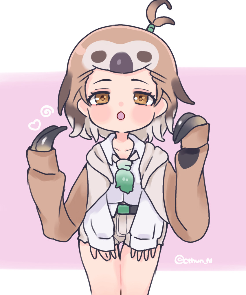 1girl belt brown_eyes brown_hair cthun_n grey_hair heart highres hood hoodie kemono_friends linnaeus&#039;s_two-toed_sloth_(kemono_friends) looking_at_viewer multicolored_hair necktie purple_background ribbon shirt short_hair shorts simple_background sloth_girl solo two-tone_hair