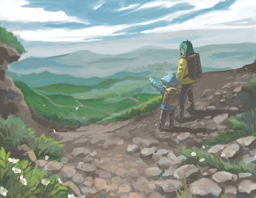 2boys backpack bag black_pants blue_hair blue_jacket blue_sky brothers dated facing_away flower grey_hair hill jacket male_focus marufuji_ryo marufuji_sho moiko multiple_boys outdoors pants pointing pointing_forward siblings sky white_flower wide_shot yellow_jacket yu-gi-oh! yu-gi-oh!_gx