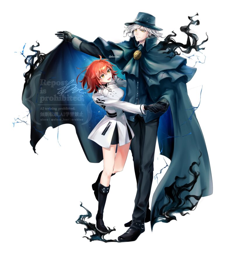 1boy 1girl :d ahoge aluco_klk artist_name ascot black_boots black_fire black_gloves black_shoes boots chaldea_logo cloak closed_mouth command_spell dress edmond_dantes_(fate) fate/grand_order fate_(series) fire fujimaru_ritsuka_(female) fujimaru_ritsuka_(female)_(decisive_battle_chaldea_uniform) full_body gloves green_ascot green_cloak green_hat green_pants green_shirt hair_between_eyes hat hetero highres holding_hands knee_boots leg_up long_sleeves looking_at_another medium_hair merchandise_available open_mouth orange_hair outstretched_arm pants shirt shoes short_hair signature simple_background smile twitter_username watermark white_background white_dress white_hair yellow_eyes