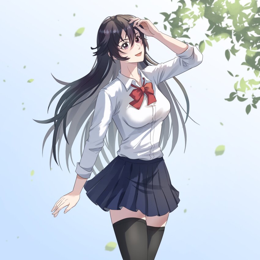 1girl :d alternate_costume arm_at_side bambietta_basterbine black_hair black_skirt black_thighhighs bleach bleach:_sennen_kessen-hen bow bowtie breasts collared_shirt commentary cowboy_shot day deadman70232800 double-parted_bangs dress_shirt english_commentary eyelashes falling_leaves floating_hair hair_between_eyes hand_up happy highres large_breasts leaf light_blush long_hair long_sleeves looking_at_viewer miniskirt open_mouth outdoors pleated_skirt purple_eyes red_bow red_bowtie school_uniform shading_eyes shirt skirt sleeves_rolled_up smile solo sternritter tareme thighhighs very_long_hair white_shirt zettai_ryouiki