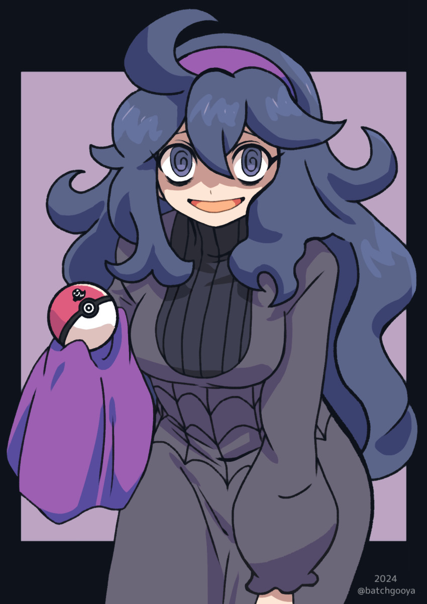 1girl :d @_@ ahoge batchgooya breasts cleaning_rag commentary_request curly_hair dress grey_eyes hair_between_eyes hairband hex_maniac_(pokemon) highres holding holding_poke_ball leaning_forward long_hair long_sleeves looking_at_viewer nintendo open_mouth poke_ball poke_ball_(basic) pokemon pokemon_xy purple_hairband shaded_face smile solo