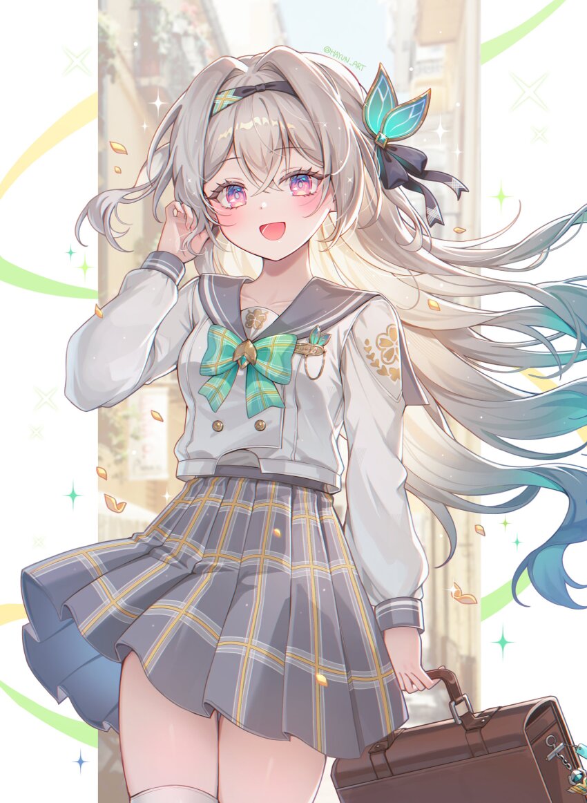 1girl absurdres aqua_hair bag black_hairband black_sailor_collar bow bowtie firefly_(honkai:_star_rail) firefly_(spring_missive)_(honkai:_star_rail) gradient_hair green_bow green_bowtie grey_hair hair_between_eyes hair_ornament hairband hand_up hayun highres holding holding_bag honkai:_star_rail honkai_(series) long_hair long_sleeves looking_at_viewer multicolored_hair open_mouth sailor_collar school_bag school_uniform shirt skirt smile solo standing thighhighs white_shirt white_thighhighs