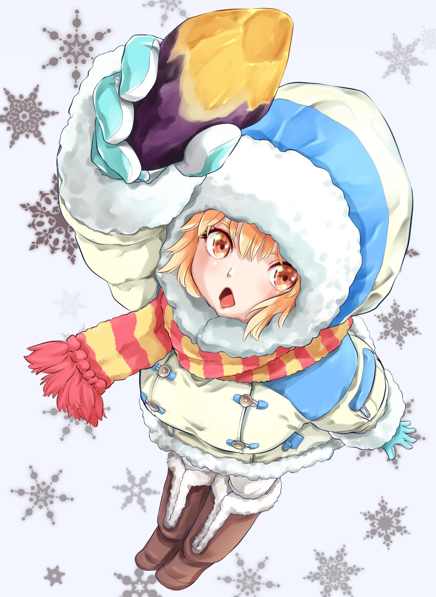 1girl absurdres blonde_hair blue_gloves boots brown_boots food foreshortening from_above full_body fur-trimmed_boots fur-trimmed_hood fur-trimmed_jacket fur-trimmed_sleeves fur_trim gloves grey_jacket highres holding holding_food hood hooded_jacket jacket knee_boots leaning_forward long_sleeves looking_at_viewer mizunocarbona open_mouth orange_eyes original pants red_scarf roasted_sweet_potato scarf snowflake_background solo striped_clothes striped_scarf sweet_potato two-tone_scarf white_background white_pants yellow_scarf